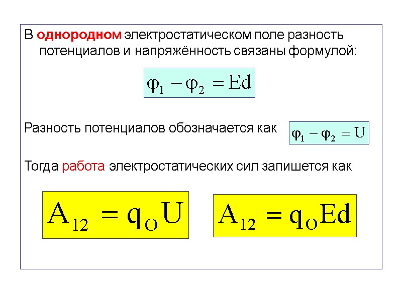 В однородном электростатическом поле разность потенциалов и напряжённость связаны формулой:    Разность